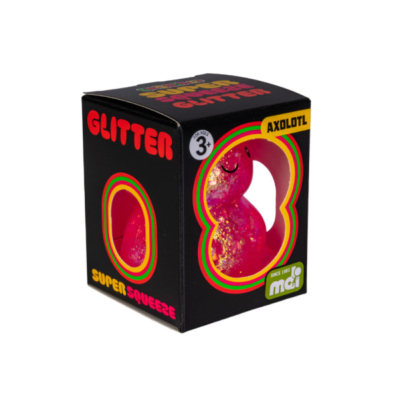 Packaging Containing Smooshos Super Squeeze Glitter Axolotl on white background with Smooshos branding.