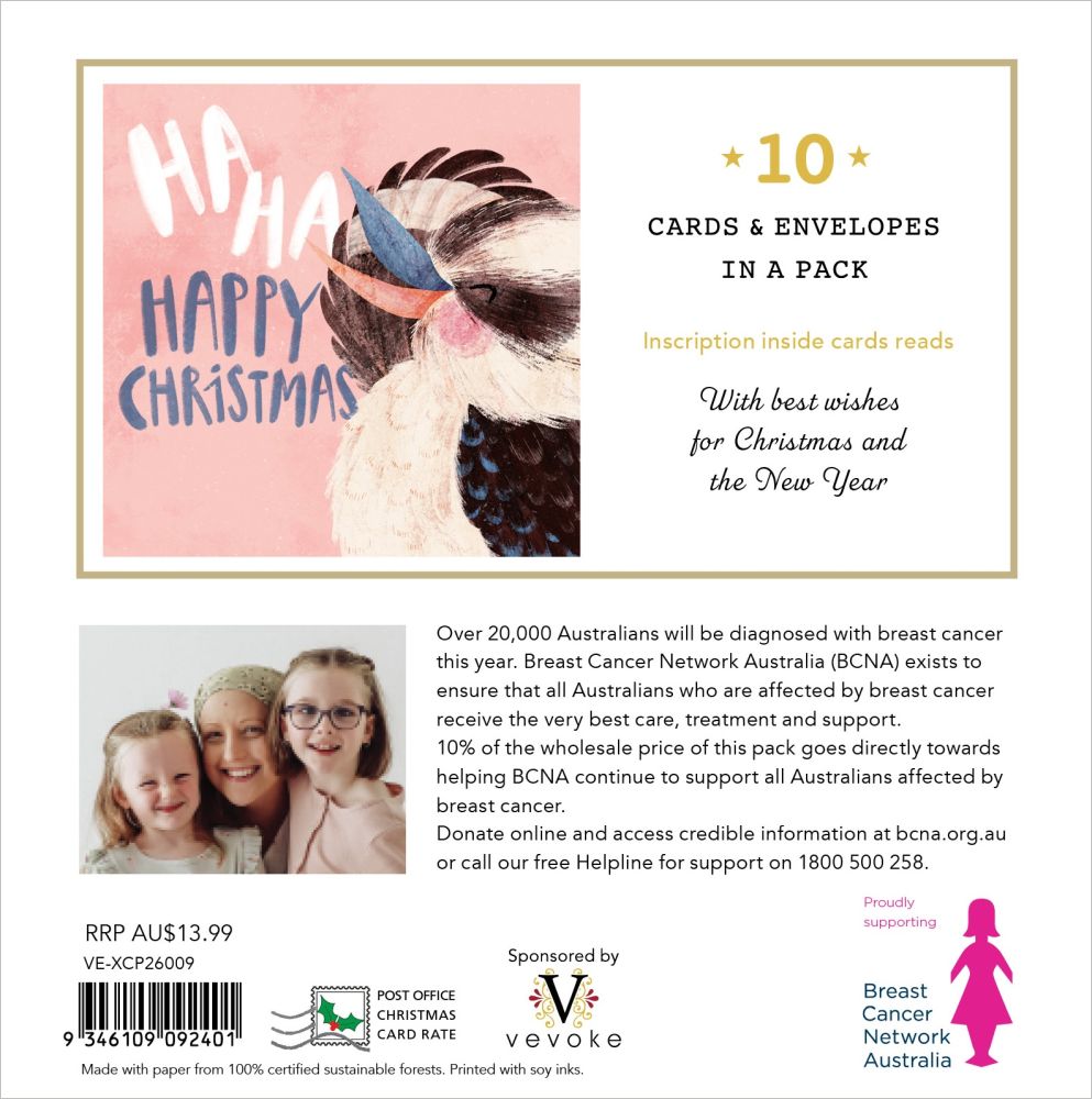 Charity Christmas Card 10pk BCNA Laughing Kookaburra
