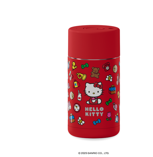 Red Frank Green thermos with Hello Kitty designs on a white background