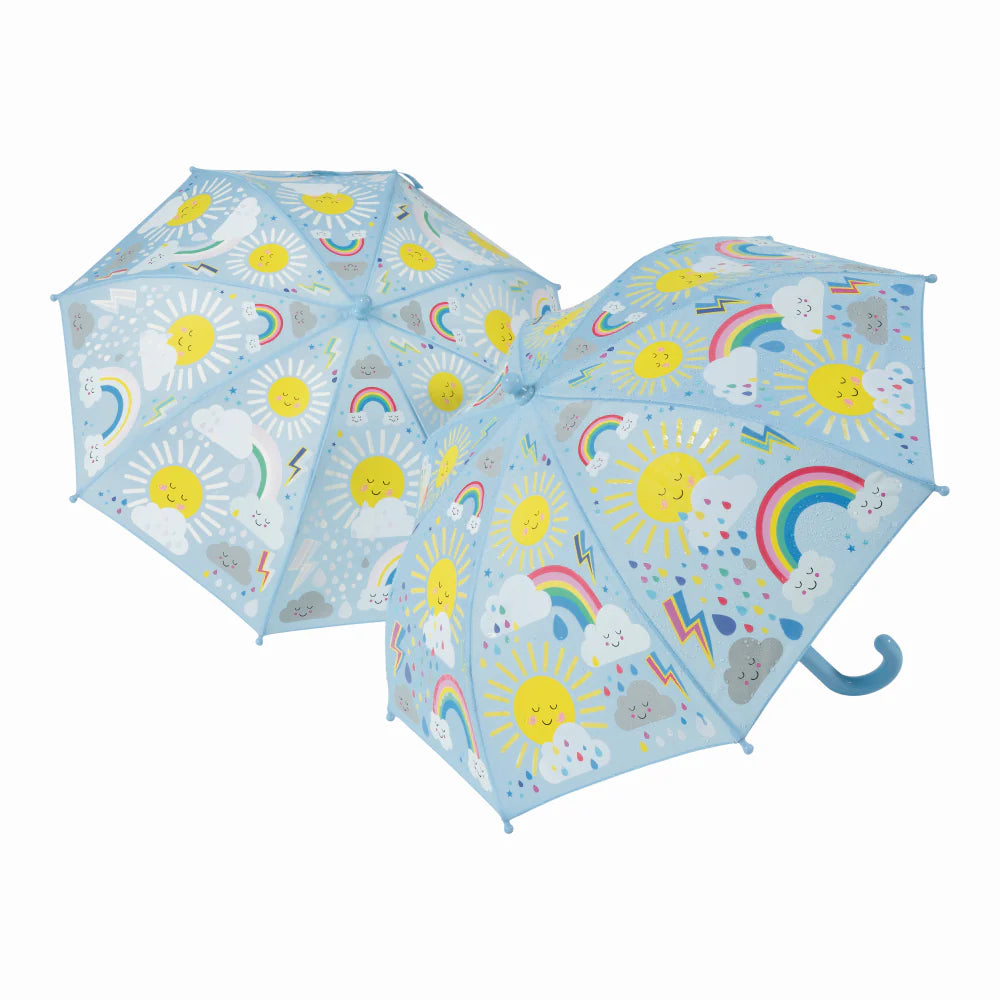 Colour changing umbrella featuring happy sun and rain clouds from Floss and Rock. 