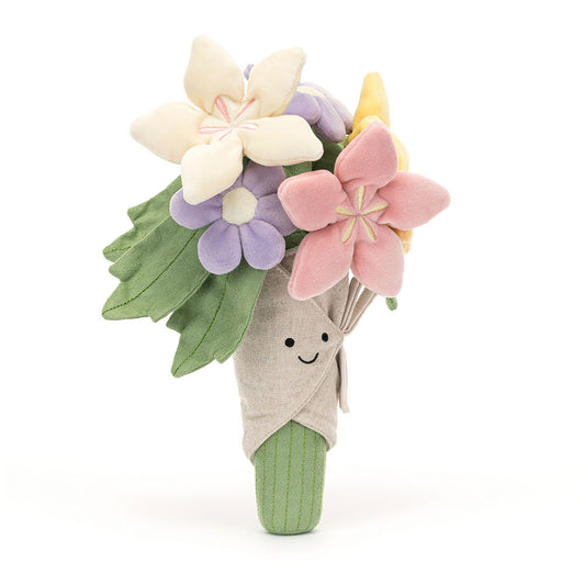 Jellycat Amuseables Bouquet of Flowers plush toy from Plato’s, featuring soft pastel blooms in a smiling fabric wrap.