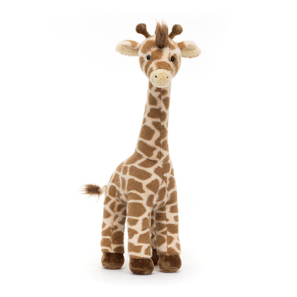 Jellycat Dara Giraffe plush toy from Plato’s, shown from the front, featuring soft patterned fur, long legs, and a sweet smiling face.