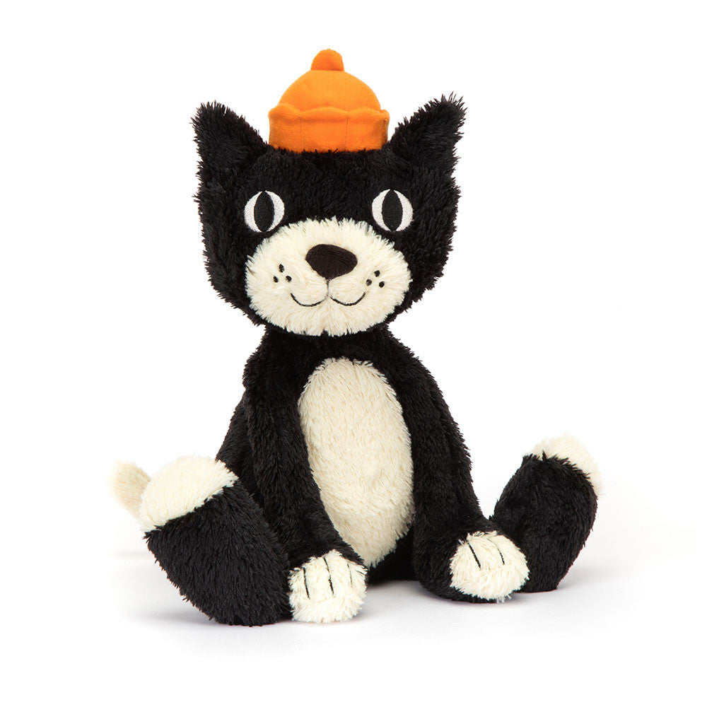 Jellycat Jack plush cat with scruffy grey fur, long limbs, and a friendly embroidered smile, sitting upright.