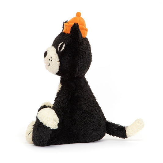 Jellycat Jack plush cat with scruffy grey fur, long limbs, and a friendly embroidered smile, sitting upright.