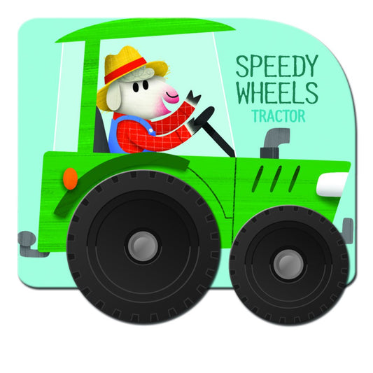 Cover of Speedy Wheels: Tractor children’s board book showing bright green tractor and farm scene – fun farm vehicle story for toddlers aged 2–5