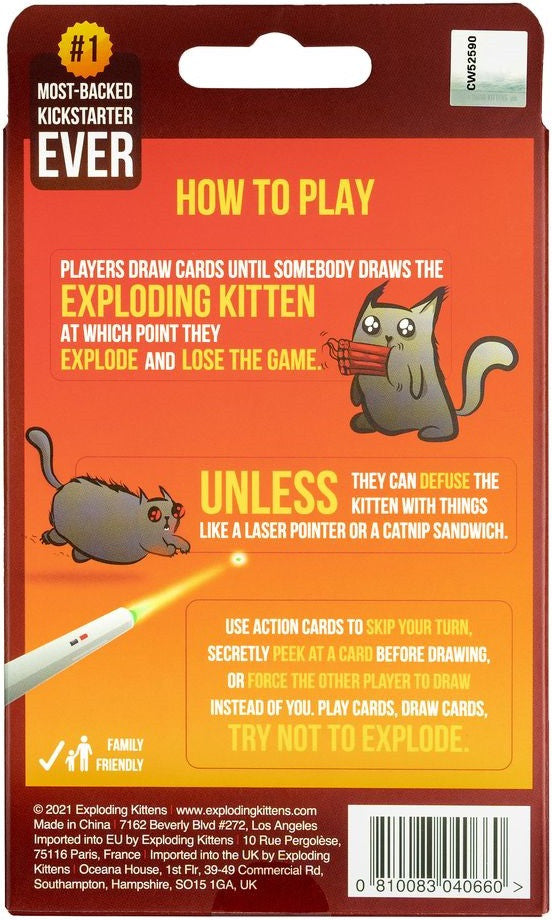 Card game packaging for 'How to Play' of 'Exploding Kittens' with text and graphics.