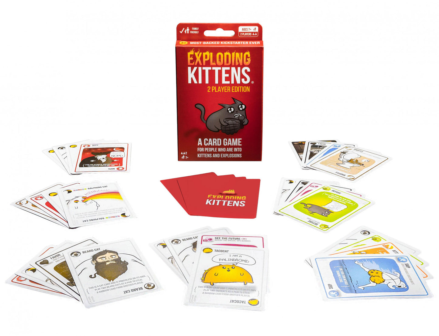 Exploding Kittens card game packaging with cards on a white background