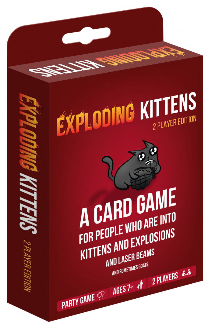 Box of 'Exploding Kittens' card game with red and black design.