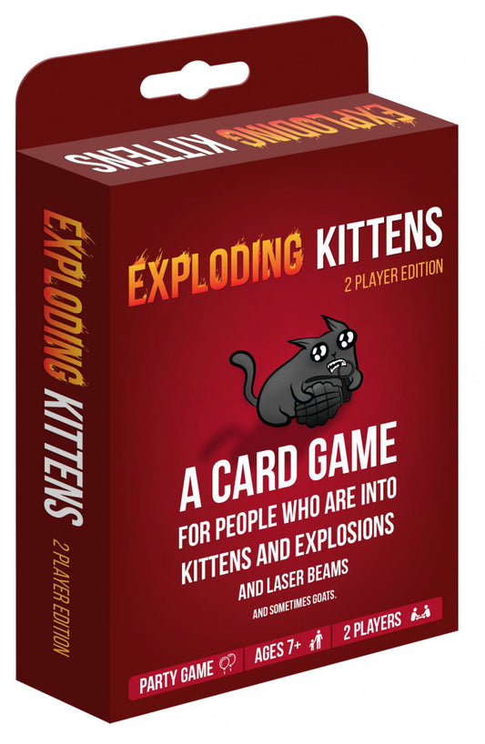Box of 'Exploding Kittens' card game with red and black design.