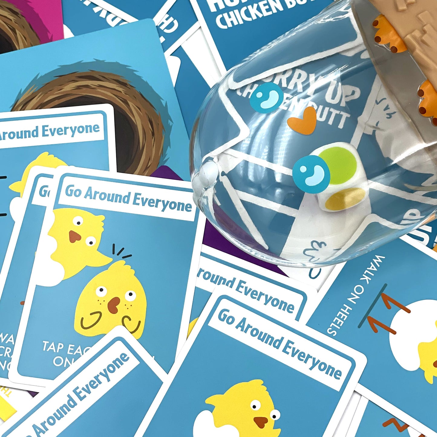 Hurry Up Chicken Butt cards with cartoon chicks and a sand timer on a colorful background