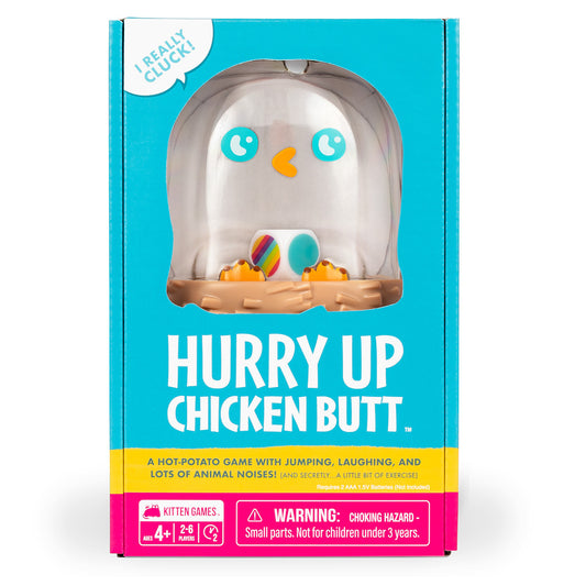 Box of 'Hurry Up Chicken Butt' game with colorful design and text.