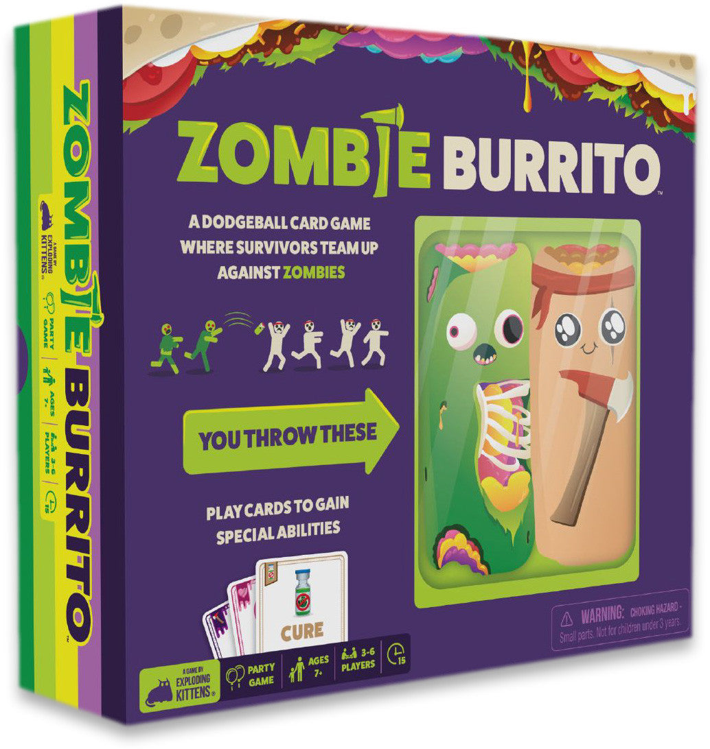 Box of 'Zombie Burrito' card game with colorful design and text.