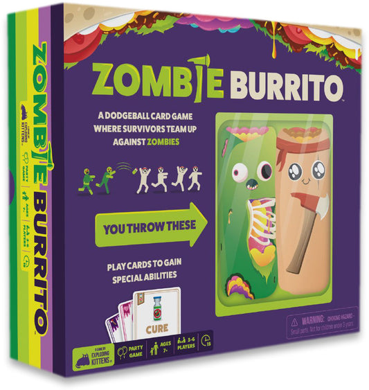 Box of 'Zombie Burrito' card game with colorful design and text.