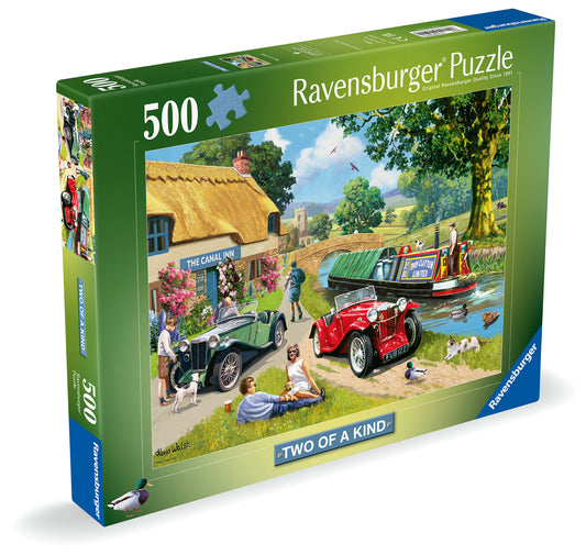 Ravensburger 500pc puzzle box with vintage cars and a canal scene on a white background
