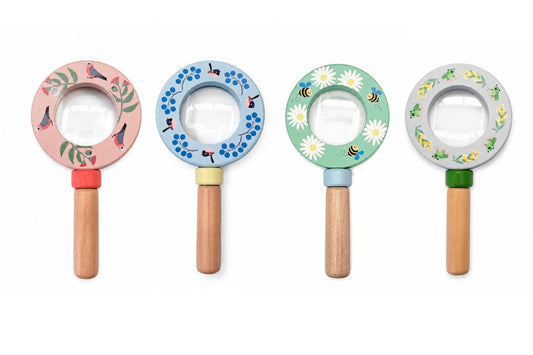 Four colorful magnifying glasses with wooden handles on a white background