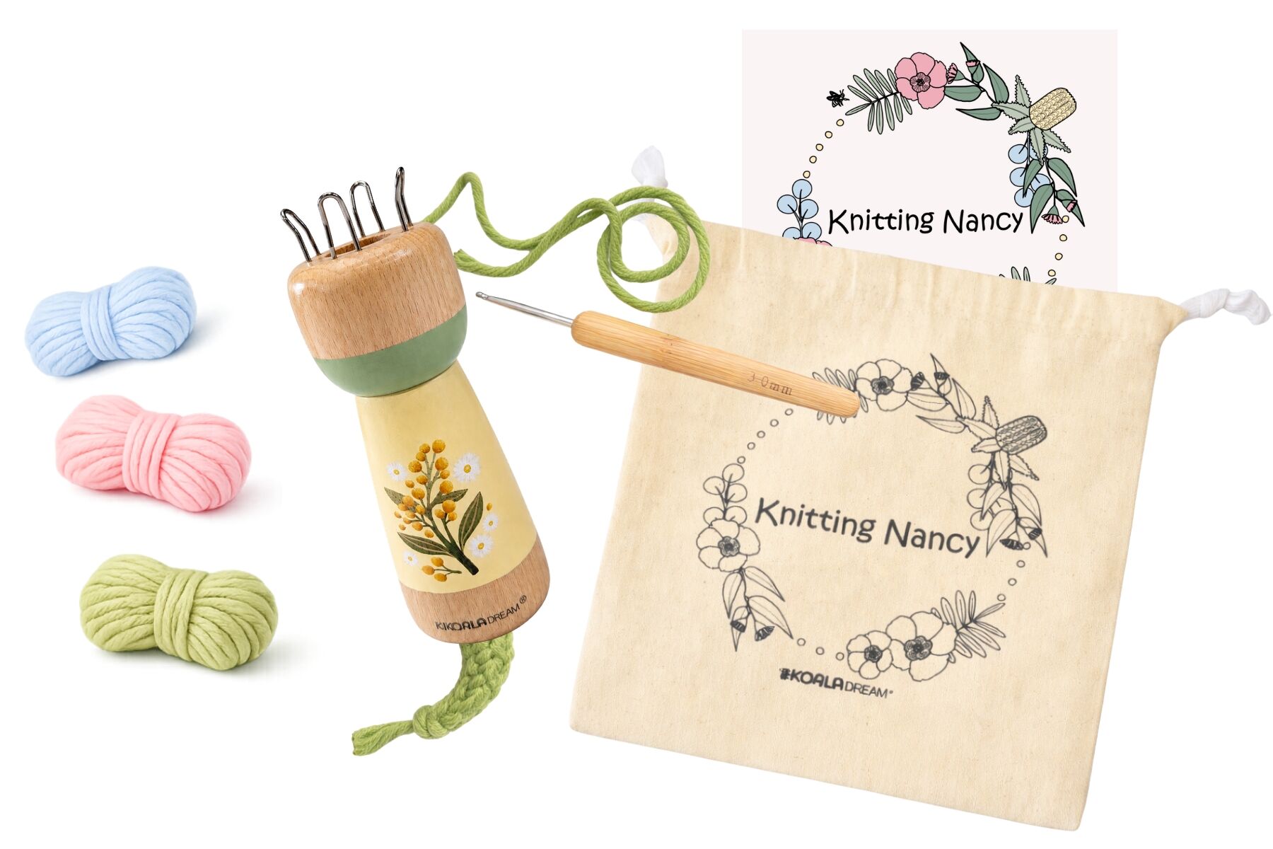 Knitting Nancy tool with yarn and carrying pouch on a white background