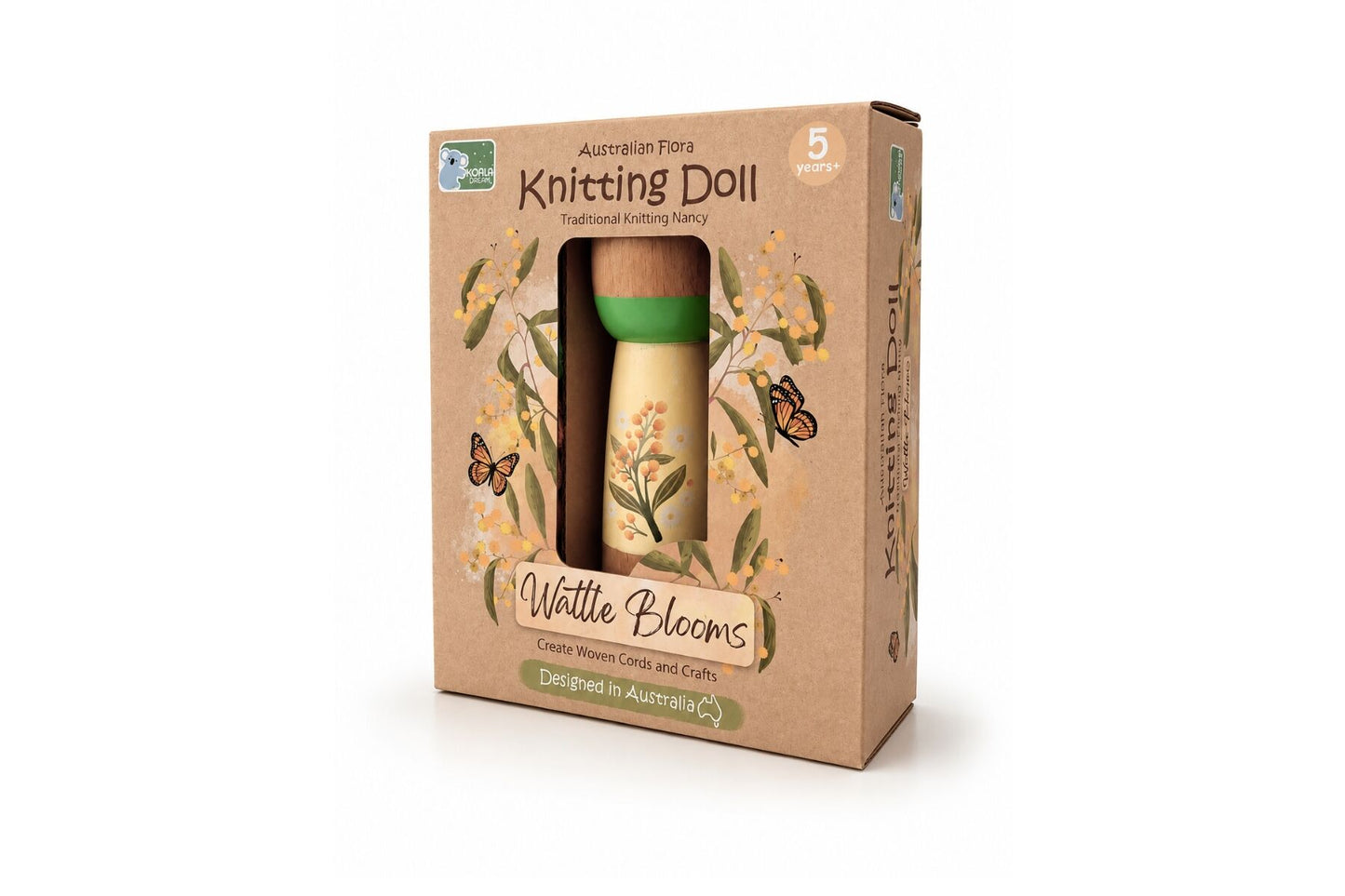 Knitting doll packaging with floral design on a white background