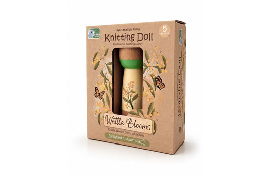 Knitting doll packaging with floral design on a white background
