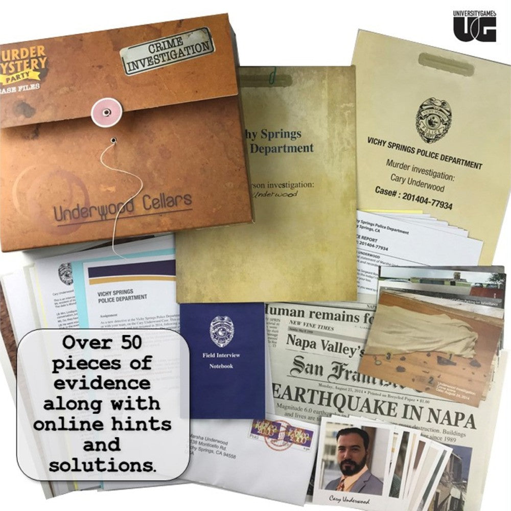 Murder mystery Underwood Cellars party kit with documents, envelopes, and newspaper clippings against a white backround.