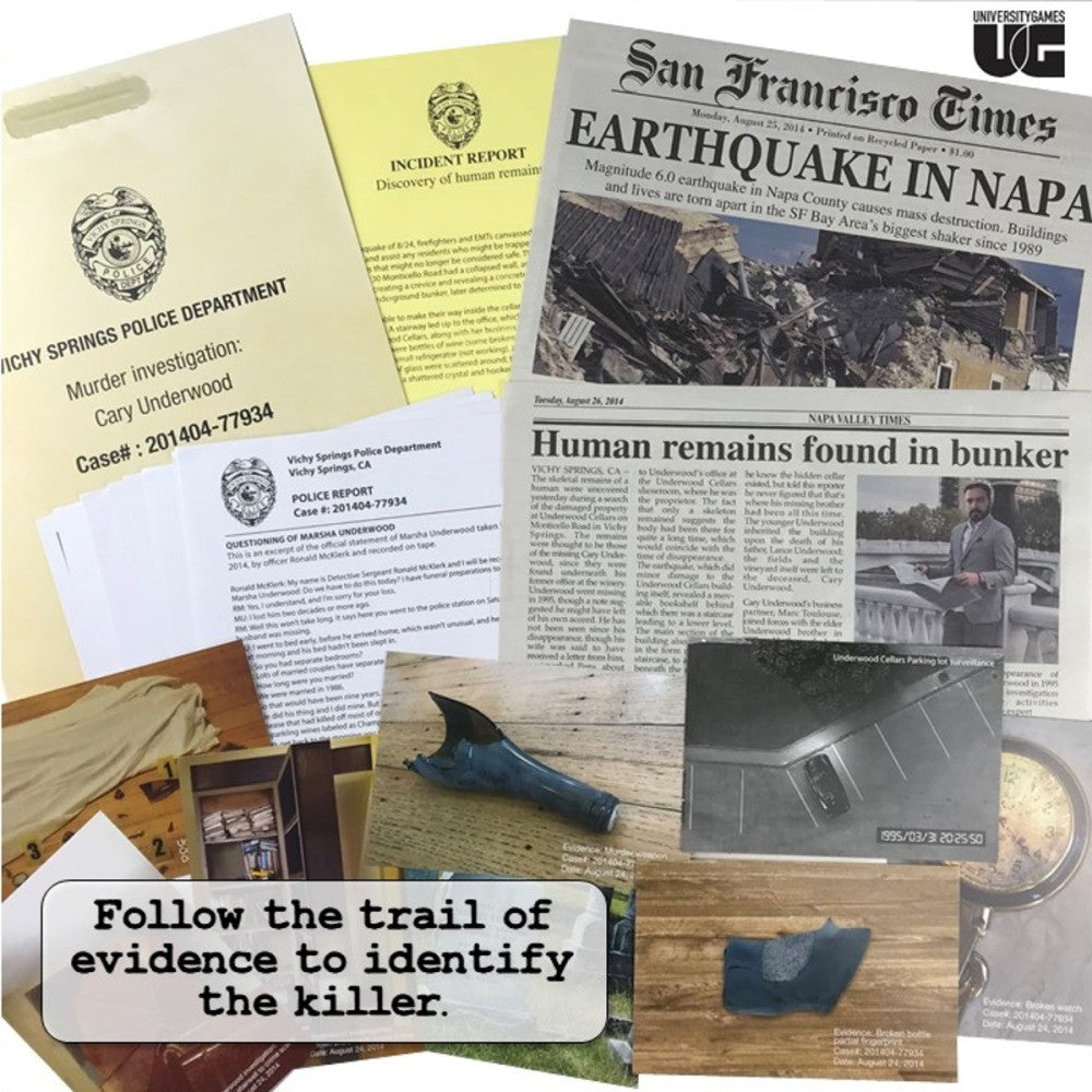 Collage of police documents and newspaper clippings related to a police investigation of the Underwood Cellars murder mystery party game