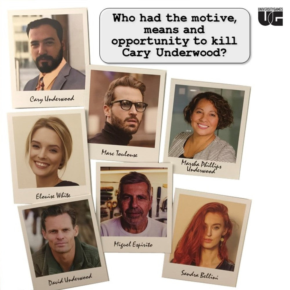 Collage of portraits with text questioning motives and opportunities to kill Cary Underwood from the murder mystery underwood cellar party game, against a white background.