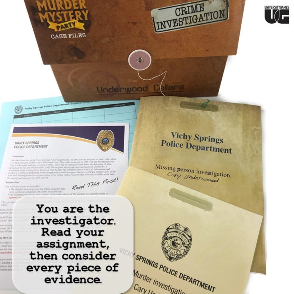 Underwood Cellars murder mystery party kit with police department documents and brief instructions featuring "you are the investigator...", against a white background.