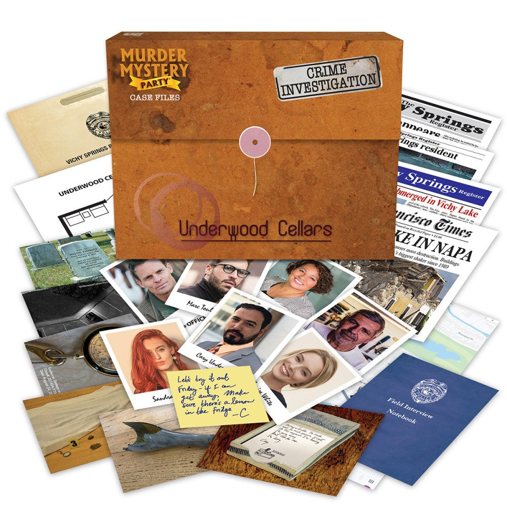 Murder mystery game set with a large brown envelope labeled 'Underwood Cellars' and various game components such as photographs and handwritten notes, against a white background.