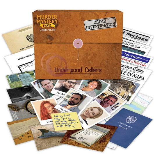 Murder mystery game set with a large brown envelope labeled 'Underwood Cellars' and various game components such as photographs and handwritten notes, against a white background.