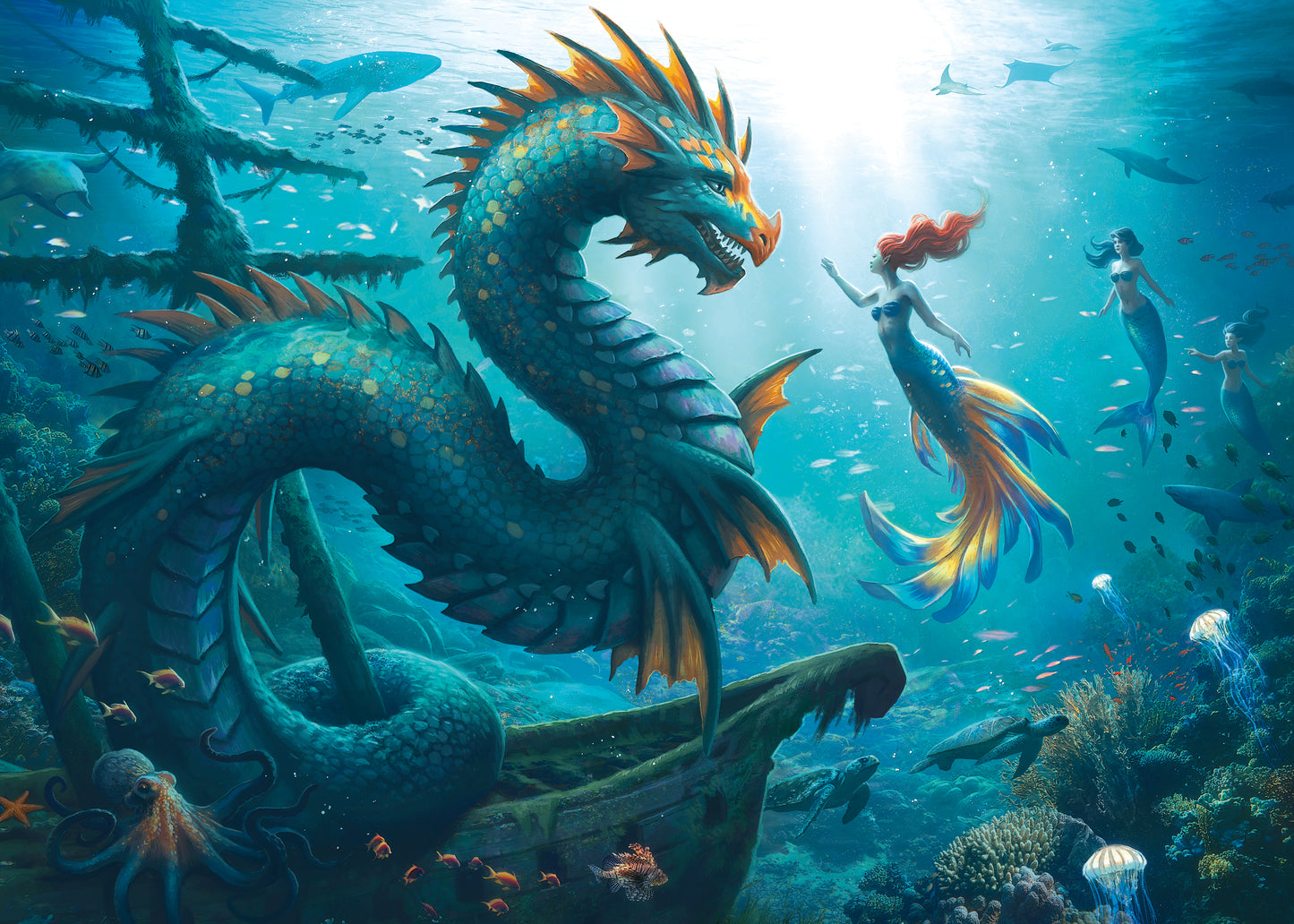 Ravensburger 1000pc Jigsaw Puzzle Enchanted Depths: Dragon, Mermaid, and Turtles