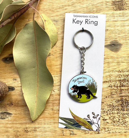 Pigment by Monica Reeve Enamel Keyring Tasmanian Devil In Circle