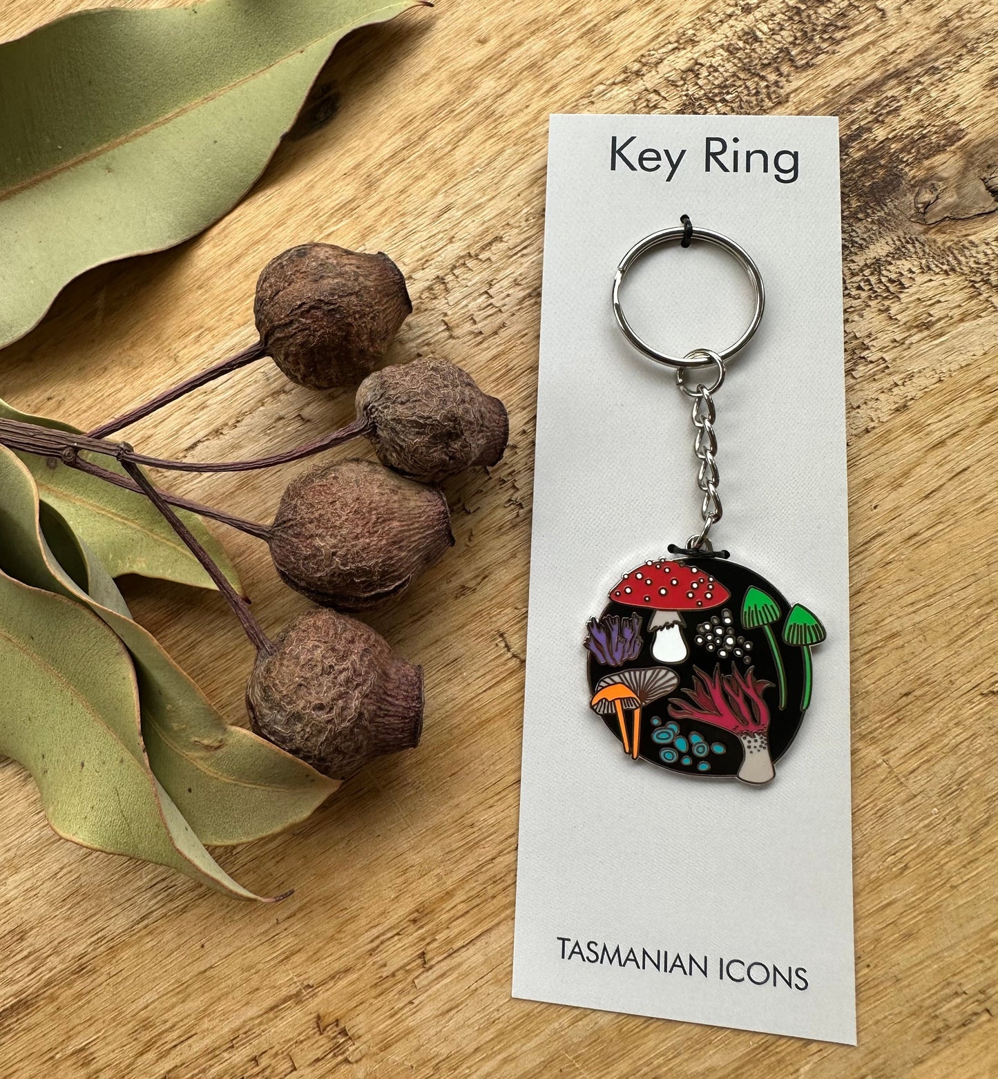 Pigment by Monica Reeve Enamel Keyring Tasmanian Fungi Finds