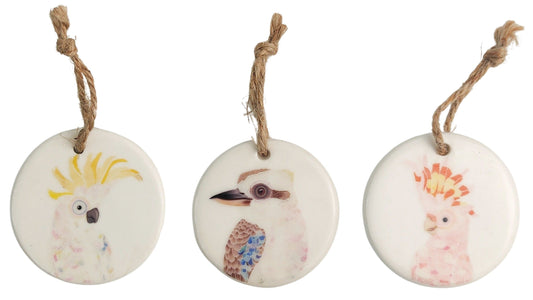 Frankie B Australian Birds on Ceramic Disk Christmas Decorations Assorted (Galah, Cockatoo or Kookaburra)