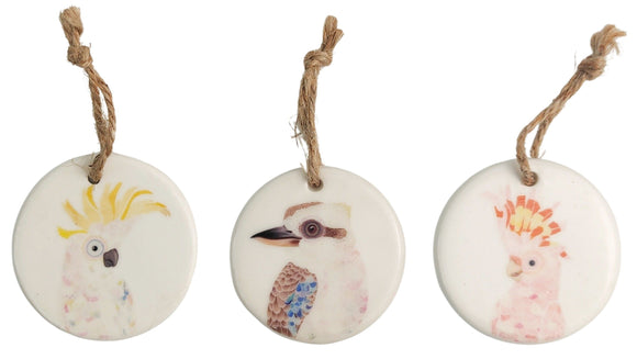 Frankie B Australian Birds on Ceramic Disk Christmas Decorations