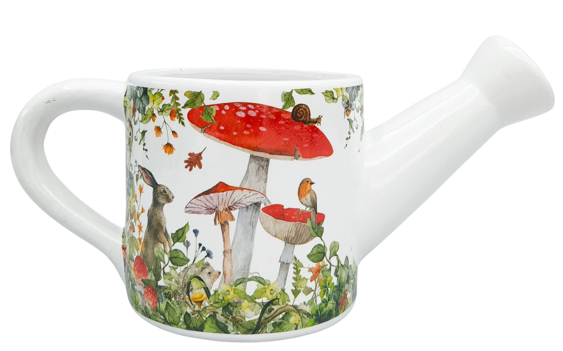 Urban Products White Watering Can Planter with woodlands scene against a white background.