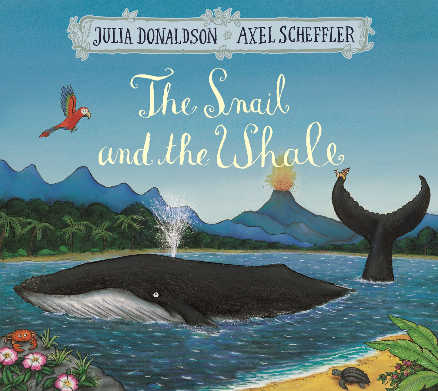 Cover of 'The Snail and The Whale' children's book featuring illustrations of a snail and a whale, with a tropical landscape in the background.