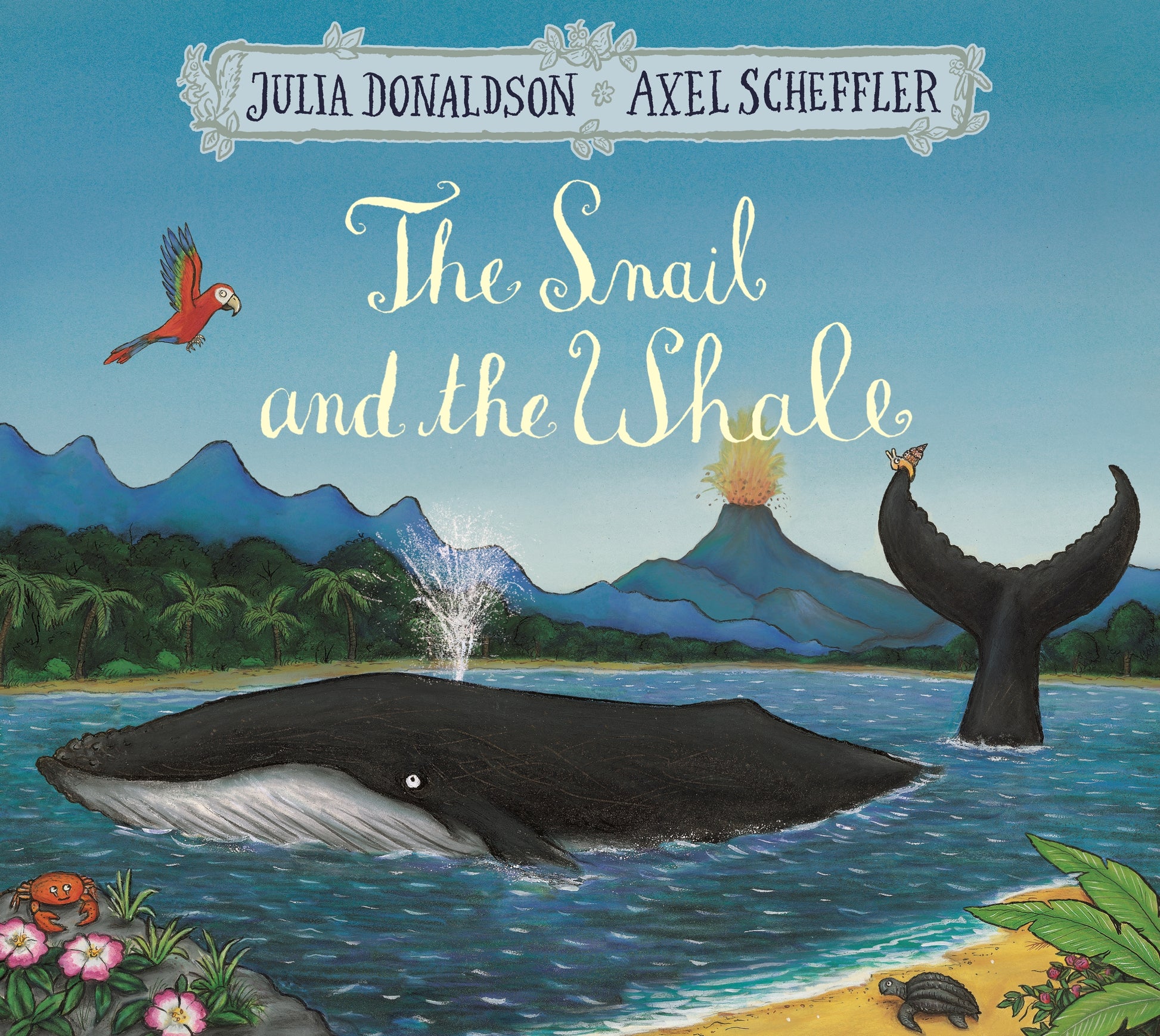 Cover of 'The Snail and The Whale' children's book featuring illustrations of a snail and a whale, with a tropical landscape in the background.