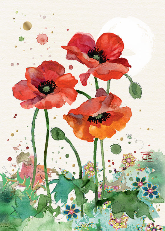 Bug Art Greeting Card Three Red Poppies