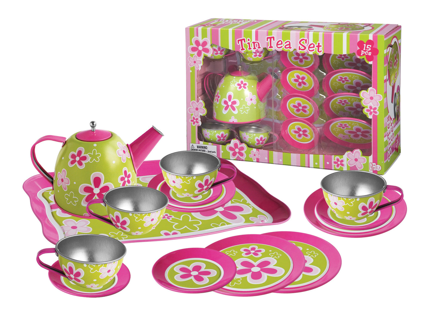 Tin Tea Set with Lime Daisy Flower Design