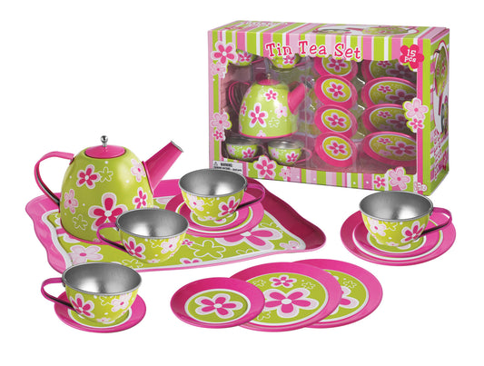 Tin Tea Set with Lime Daisy Flower Design