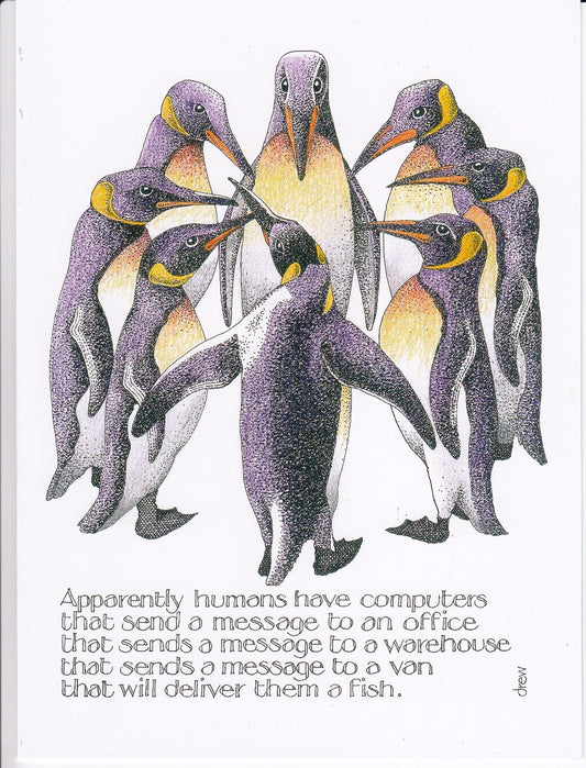 Simon Drew Greeting Card Penguins Fish