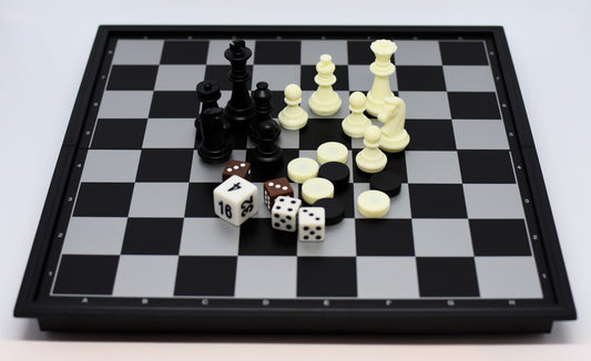 3-In-1 Combo Set with Chess Checkers and Backgammon on a Small Magnetic Travel Board