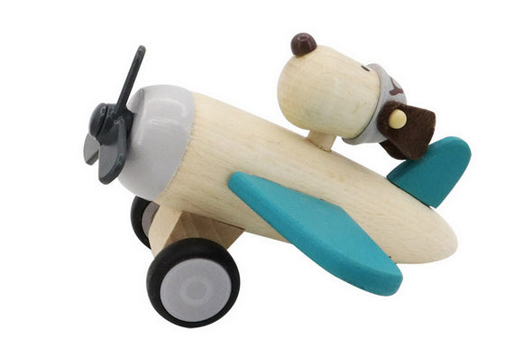 Wooden Retro Plane with Dog Pilot Green/Blue Small