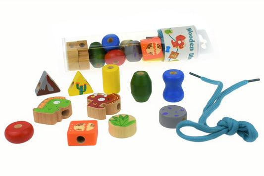 Lacing Beads Unicorn or Dinosaur Wooden Shapes Set in Tube