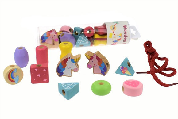 Lacing Beads Unicorn or Dinosaur Wooden Shapes Set in Tube