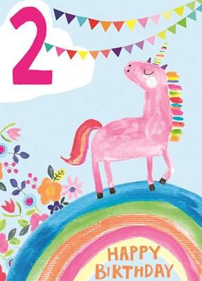 Hoopla Greeting Card Happy Birthday Age 2 Pink Unicorn on Rainbow